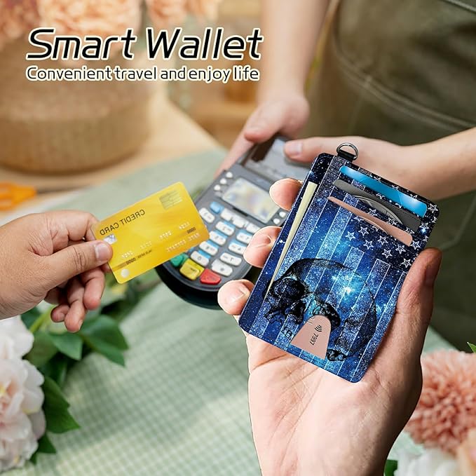 BWEGRHE Small Travel Wallets, Blue Skull Flag Slim Minimalist Front Pocket Wallet with Wristlet, RFID Blocking PU Leather Credit Card Holder with ID Window Change Purse for Men Women