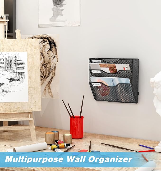 Solinxe Wall Hanging File Holder 3 Tier Wall Mounted Paper Organizer Magazine File Holder Storage Organizer, Black