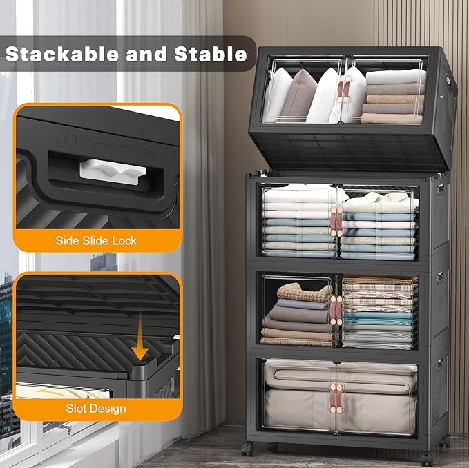 UAMFURI Extra Large Stackable Storage Bins with Lids & Wheels & Door, 896QT-112QT/28GAL*8Pack Foldable Collapsible Closet Organizers, Plastic containers drawers for bedroom Dorm