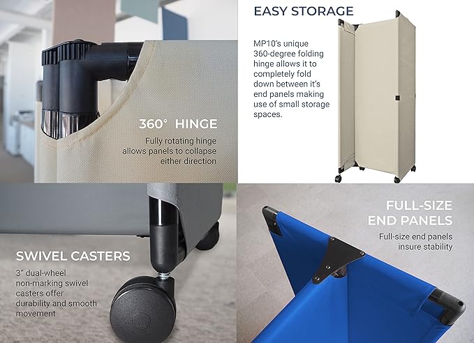 Versare MP6 Portable Folding Wall Partition | Economical 3 Panel Design | Portable Room Divider On Wheels | Adjustable, Freestanding Setup | Multiple Widths