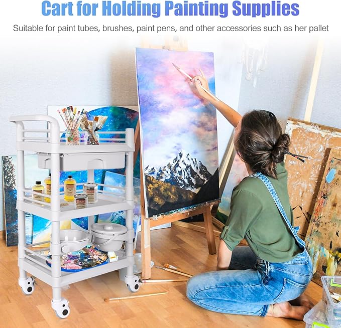 Mobile Medical Trolley Cart Portable 3-Tier Professional Cart 220 Lbs Load Utility Carts for Ultrasound Scanner Esthetician Carts with Drawer Lockable Rolling Wheels for Hospital Dental Clinic Home