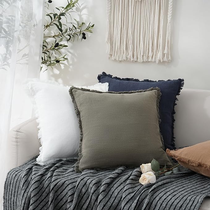 Foindtower Set of 2 Decorative Linen Fringe Throw Pillow Covers Cozy Boho Farmhouse Cushion Cover with Tassels Soft Accent Pillowcase for Couch Sofa Bed Living Room Home Decor, 16×16 Inch, Navy Blue