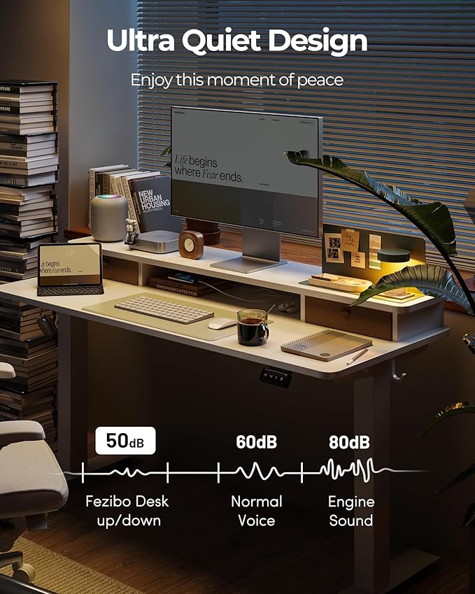 FEZIBO 40 x 24 Inch Height Adjustable Electric Standing Desk with Double Drawer, Stand up Home Office Computer Desk with 4 Height-Adjustable Feets & 2 Hooks, White