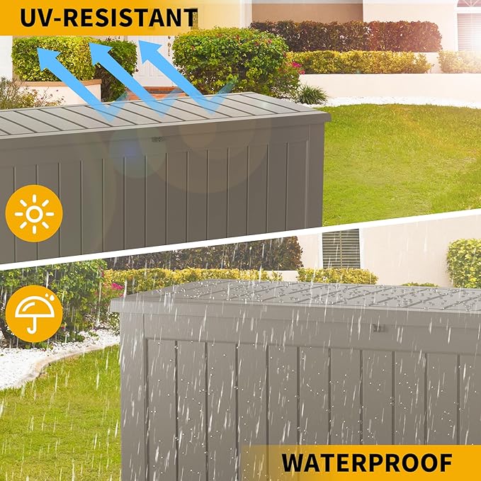 Decksplore 100 Gallon Lockable Resin Deck Box, Waterproof Outdoor Storage Box for Patio Furniture, Garden Tools, Pool Accessories, UV-Resistant Outside Delivery Grey