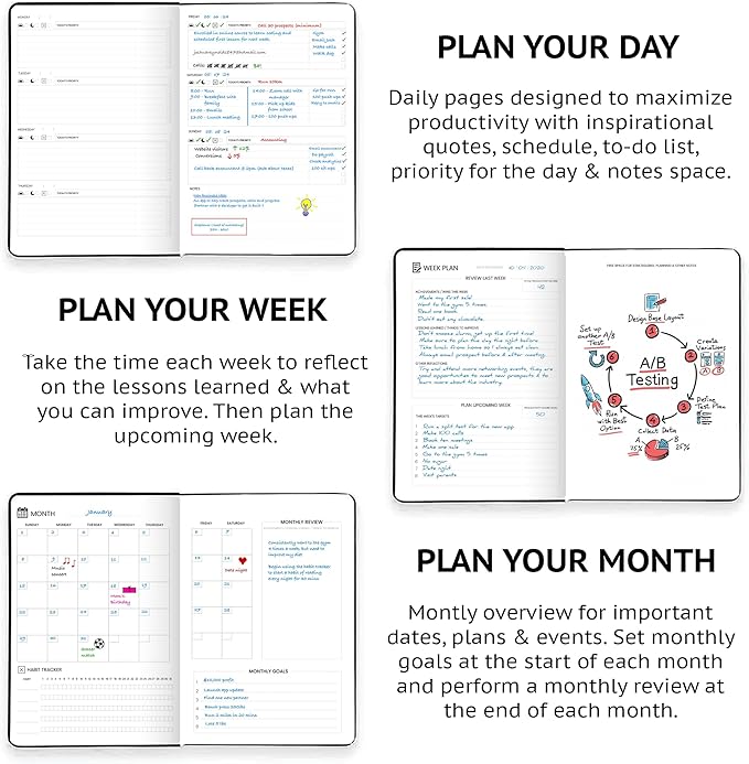 Wyze Planner Undated Daily Planner – 1-Year B5 Productivity Organizer with Two-Page Weekly Spread, Goal Setting, Habit Tracker, Weekly & Monthly Pages – Hardcover Time Management Notebook (Black)