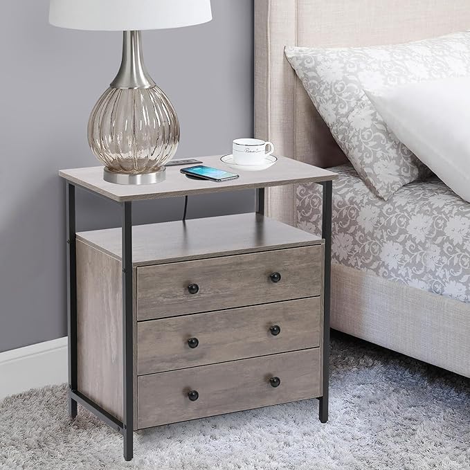 Edbuosy 3 Wooden Drawers Night Stand, 27 Inch Wide Nightstand with Charging Station and Adjustable Drawers, Small Dresser for Closet, Bedside Table for Living Room/Bedroom/Office, Gray.