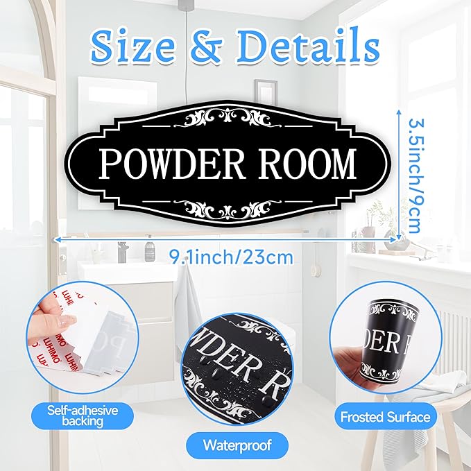 Powder Room Sign Sticker for Business and Home，Self-adhesive Cute Powder Room Door Decor，Waterproof Guest Bathroom Decals for House，Office，Shop
