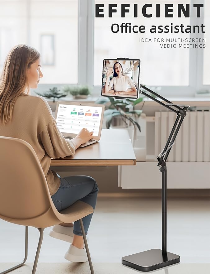 BluuSuuk Tablet Floor Stand with 11lb Stable Base - Adjustable Height Stretchable Arm Swivel Holder Mount, Compatible with iPad Pro Air Mini 12.9/9.7, Kindle, Galaxy Tab, Cell Phones (4.7''-13'')