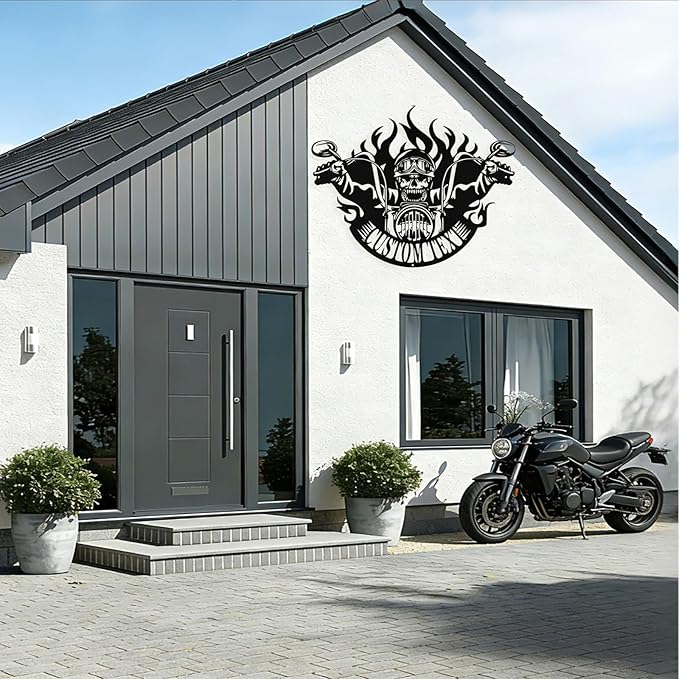 Custom Motorcycle Skull Metal Sign Personalized Biker Name Sign Custom Garage Decor Motorbikes Wall Art Decor Motorcycle Sign Men Room Decor Gifts for Men Husband Rider