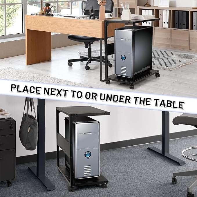 Bfttlity PC Stand Computer Tower Stand 2-Tier Metal CPU Holder with Locking Caster Wheels Suitable for Most PC (Black, L)