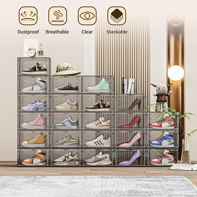 TOFWOF 12 Pack XX Large Shoe Organizer, Heavy-Duty Hard Thicken Plastic Clear Stackable Shoe Storage Box Organizer for Closet, Space-Saving Shoe Rack Display Case Bin Containers for Sneakers, Grey