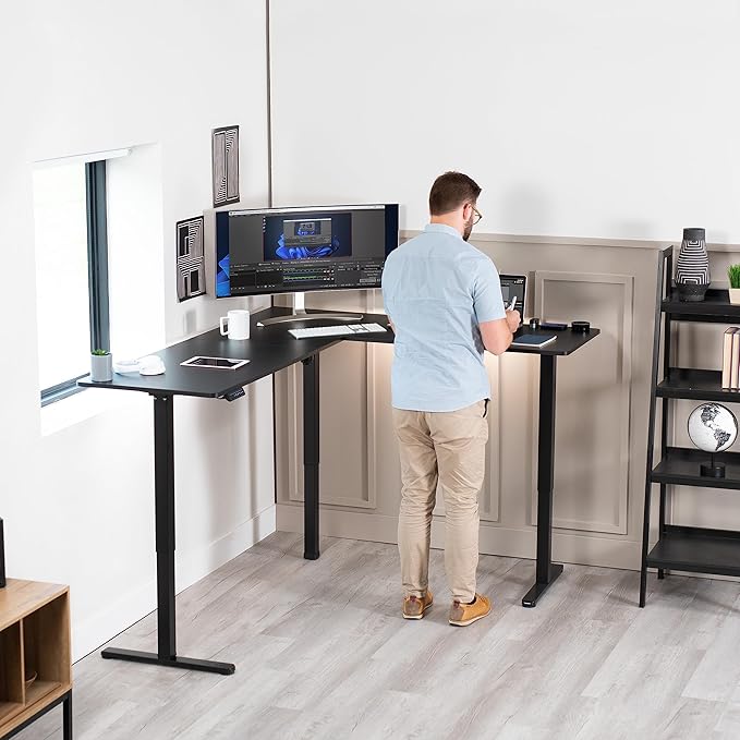 VIVO Electric Corner 75 x 63 inch L-Shaped Standing Desk, Memory Height Adjustment, Black Top Black Frame, DESK-E3CTB-75