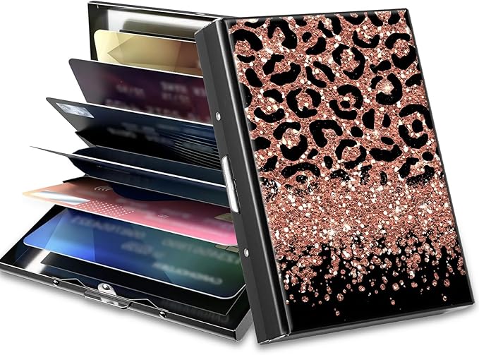 BWEGRHE Slim Credit Card Holder, Leopard Glitter RFID Blocking Metal Wallet for Men & Women, Aluminum Minimalist Hard Case Pocket-Sized Business Cards Organizer (Fits Up to 10 Cards)