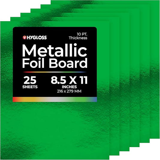 Hygloss Metallic Cardstock Sheets – 25 Shiny Green Sheets, 8.5” x 11” - Sturdy 10 pt. – Metallic Foil Board Paper for Crafts, Scrapbooking, Posters & Decorations