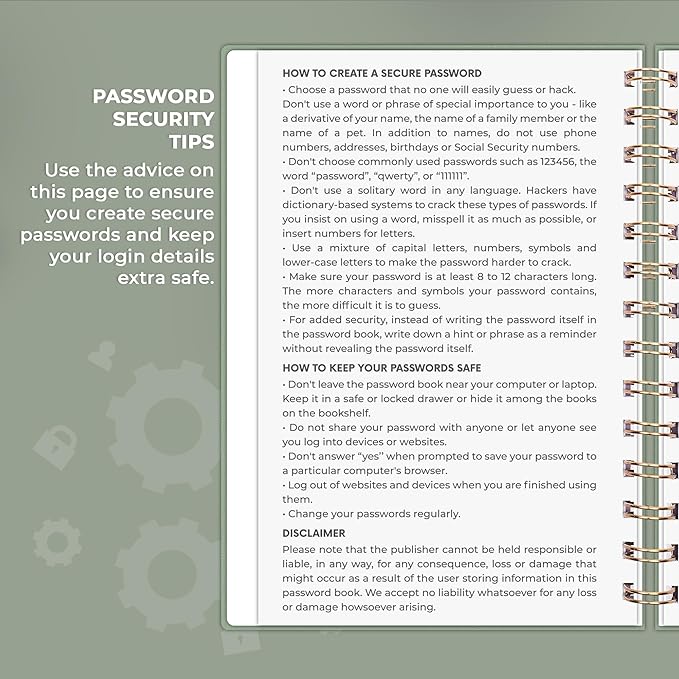 Clever Fox Password Book Spiral – Internet Address & Password Organizer with Laminated Alphabetical Tabs – Password Keeper Journal – Hardcover, Medium Size, 6.1x7.7” (Cypress)
