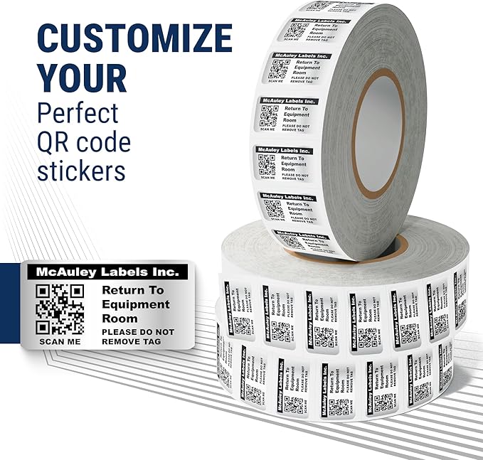 McAuley Labels Custom QR Code Stickers - Numbered, Permanent, Adhesive Asset Tags for Equipment - Heavy Duty Metalized Polyester, Stronger Adhesive - 2x1 Inches