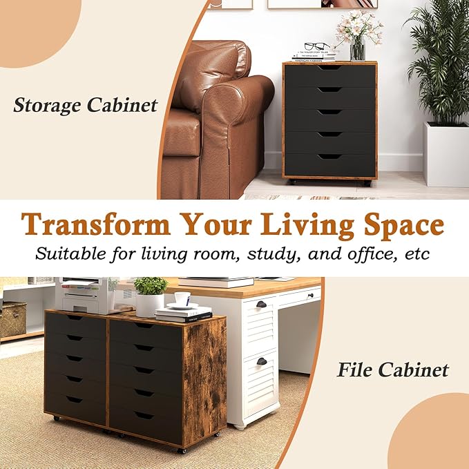 Giantex 5-Drawer Storage Cabinet with Drawers, Wheels, Rolling Lateral Filing Under Desk, Chest, 19.5" x 16" x 25.5" Office Mobile File Cabinet for Living Room, Study