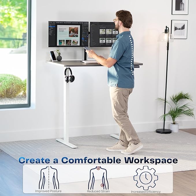 VIVO Electric 48 x 30 in Standing Desk, Memory Height Adjustment, 1B Series, Holds 220 lbs, One-Piece Dark Gray Top, White Frame, DESK-KIT-1W5G