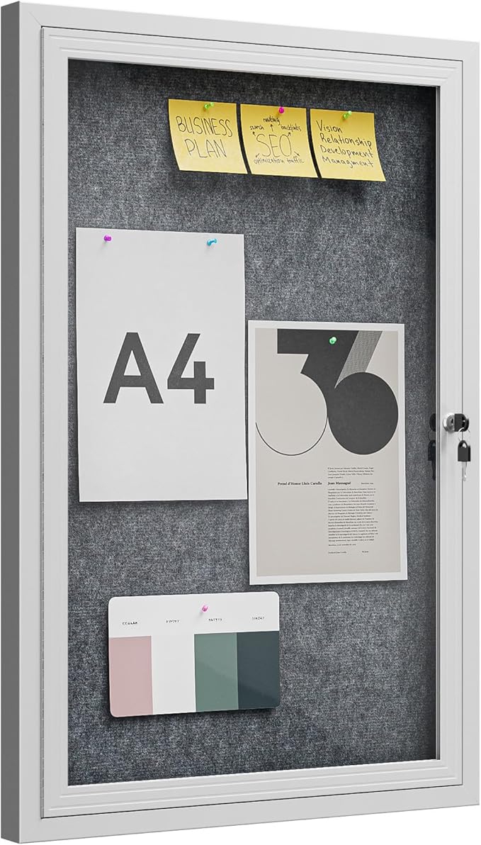36"x24" Lockable Enclosed Bulletin Board, Outdoor Flet Weather-Resistant Aluminum Frame Notice Board, Wall Mounted Display Case Acrylic Doors for School,Office,Silver Frame w/Grey Flet