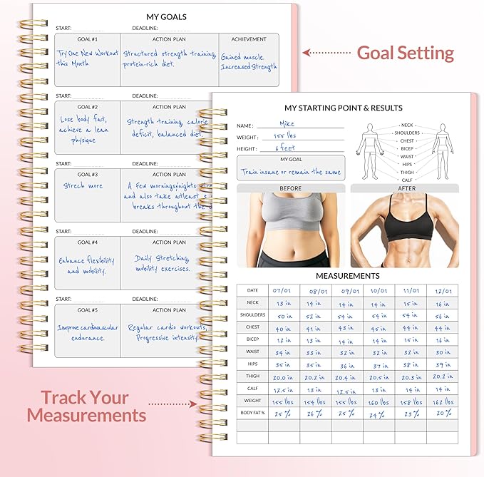 Fitness Journal Workout Planner for Women & Men, A5 (6.4" x 8.3") Workout Journal Log Book Planner Gift for Track Gym Essentials, Home Workouts, Track Progress, Achieve Wellness Goals, Pink