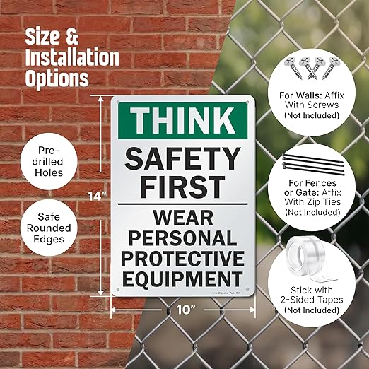SmartSign - S-2917-AL-14 "Think Safety First - Wear Personal Protective Equipment" Sign | 10" x 14" Aluminum 10" x 14" Non-Reflective Aluminum