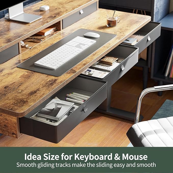 FEZIBO Height Adjustable Electric Standing Desk with 5 Drawers, 55 x 24 Inch Table with Storage Shelf, Sit Stand Desk Black Frame/Rustic Brown Top, 55 inch