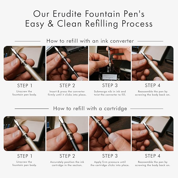 Wordsworth & Black Fountain Pen Set, 18K Gilded Fine Nib, Includes 24 Pack Ink Cartridges, Ink Refill Converter & Gift Box, Gold Finish, Calligraphy, [Silver Gold], Perfect for Men & Women