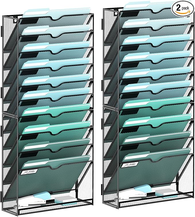 SUPEASY 11-Tier Wall File Organizer, Hanging Wall Files for Papers, Folders, Magazines, Wall Organizer for Clipboard, Assembly Needed, Black, 2 Pack
