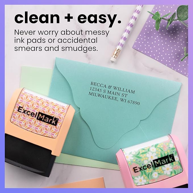 ExcelMark Address Stamp - Custom Return Address Stamp with Elegant Designs, Vibrant Colors & Patterns – Perfect for Mail, Invitations & Gifts (Violet Mount, Everyday Elegance)