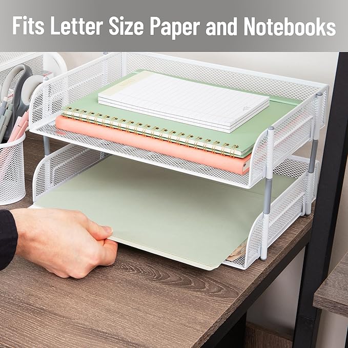 Mind Reader Stackable Paper Tray, Desktop Organizer, File Storage, Office, Metal Mesh, 13.5" L x 10" W x 7.25" H, 2 Pcs., White