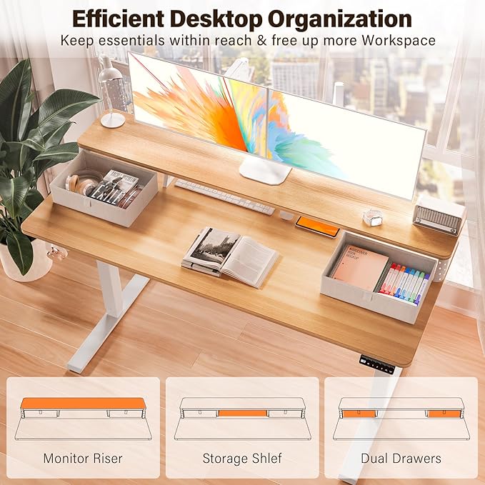 Kingant 48 x 24 Inch Electric Standing Desk with Dual Drawers, Height Adjustable Sit to Stand Computer Desk with Storage Shelf and C-Clamp Mount Compatibility for Home Office, Nature