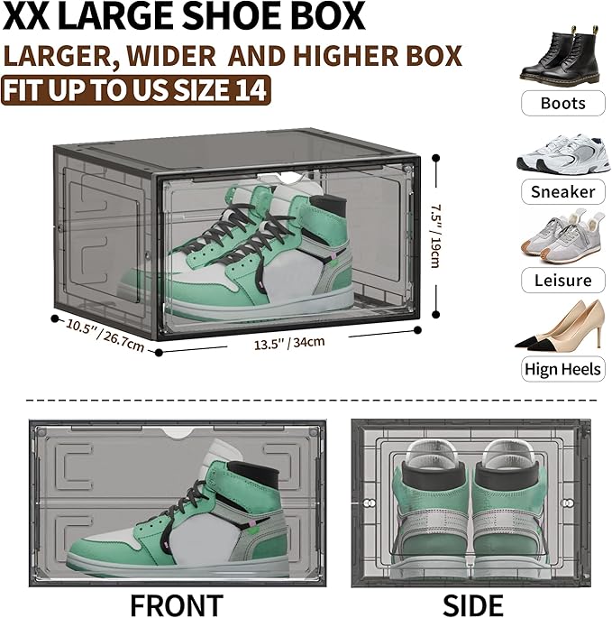 TOFWOF 6 Pack XX Large Shoe Organizer, Heavy-Duty Hard Thicken Plastic Clear Stackable Shoe Storage Box Organizer for Closet, Space-Saving Shoe Rack Display Case Bin Containers for Sneakers, Grey