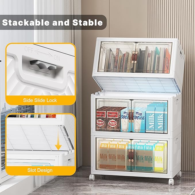 UAMFURI Extra Large Stackable Storage Bins with Lids & Wheels & Door, 312QT-52QT/13GAL*6Pack Foldable Collapsible Closet Organizers, Plastic containers Drawers for Bedroom Dorm