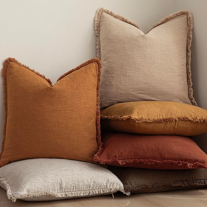 Foindtower Set of 2 Decorative Linen Fringe Throw Pillow Covers Cozy Boho Farmhouse Cushion Cover with Tassels Soft Accent Pillowcase for Couch Sofa Bed Living Room Home Decor, 16×16 Inch, Orange