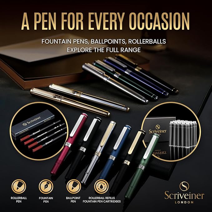 Scriveiner Luxury Fountain Pen - Stunning Black Lacquer Pen, Real Gold Finish, Schmidt Gilded Nib (Fine), Converter, Best Pen Gift Set for Men & Women, Professional, Executive, Office, Nice Pens