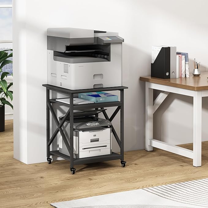 Fannova Printer Stand, 23.6 x 23.6 x 30.1 Inches Large Square Printer Table with Height Adjustable Storage Shelf, 3 Tier Rolling Printer Cart with Industrial Wheels for Home Office - Black