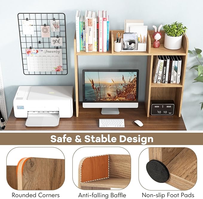 Tangkula Desktop Bookshelf, Countertop Storage Hutch with 5 Shelves for Computer Desk, 3-Tier Display Rack, Multipurpose Wood Storage Organizer for Dorm Office Home