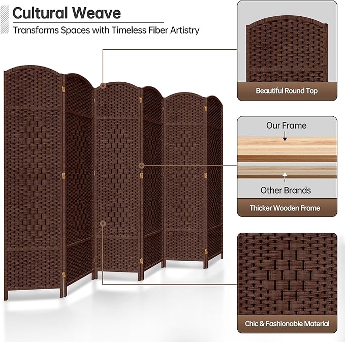 DURASPACE 6 Panel Room Divider, 6ft Tall Folding Privacy Screen, 19.5" Wide Panels, 360°Rotation, Hand-Woven Freestanding Wood Partition for Room Separation