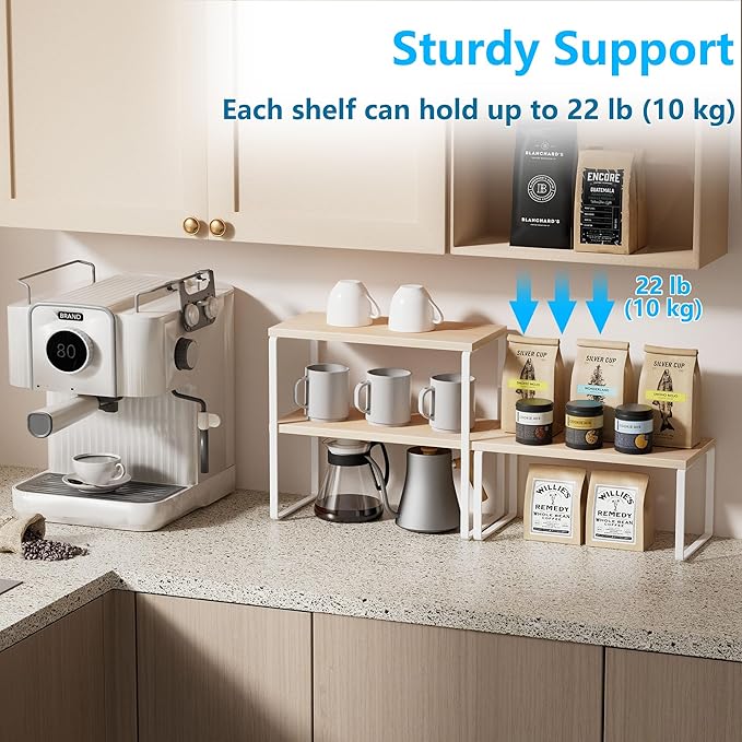 Golener Countertop Organizer Corner Shelf, 2-Tier Adjustable Stackable Corner Shelves for Kitchen, Spice Rack, Coffee Bar, Over Sink, Bathroom, Dresser Table, Corner Counter Shelf Stand, Natural Beige