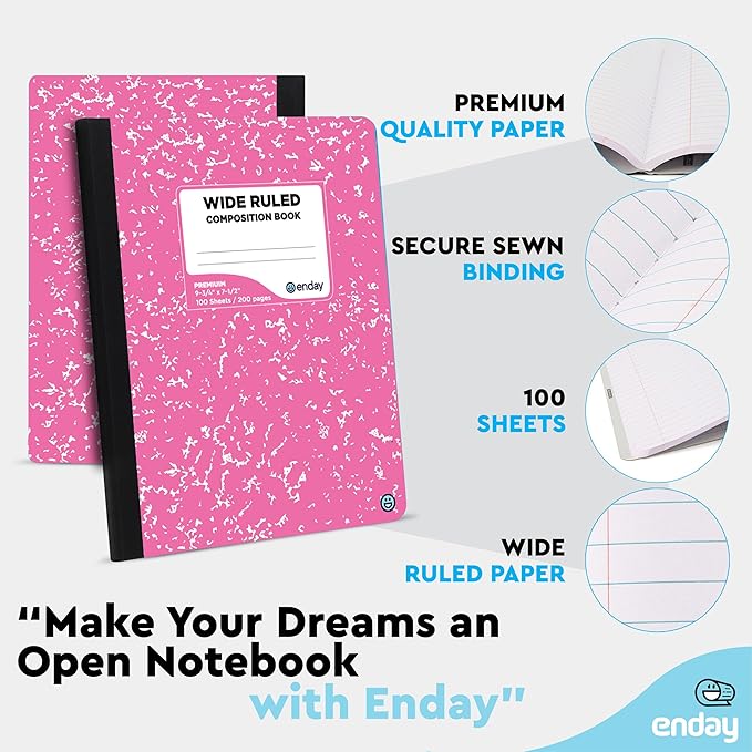 Emraw Composition Notebooks (48 Pack) Wide Ruled Paper Bulk, Hard Cover Composition Notebook, Lined Composition Books, 200 Pages (100 Sheets), Wide Ruled Notebook, (Assorted Colors)
