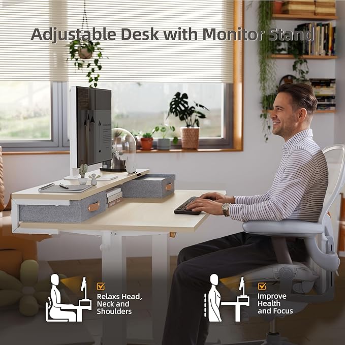 Claiks Electric Standing Desk with 2 Drawers, Adjustable Standing Desks with Storage, Height Adjustable Stand up Desk for Home Office with 2 Hooks,48 Inch Natural