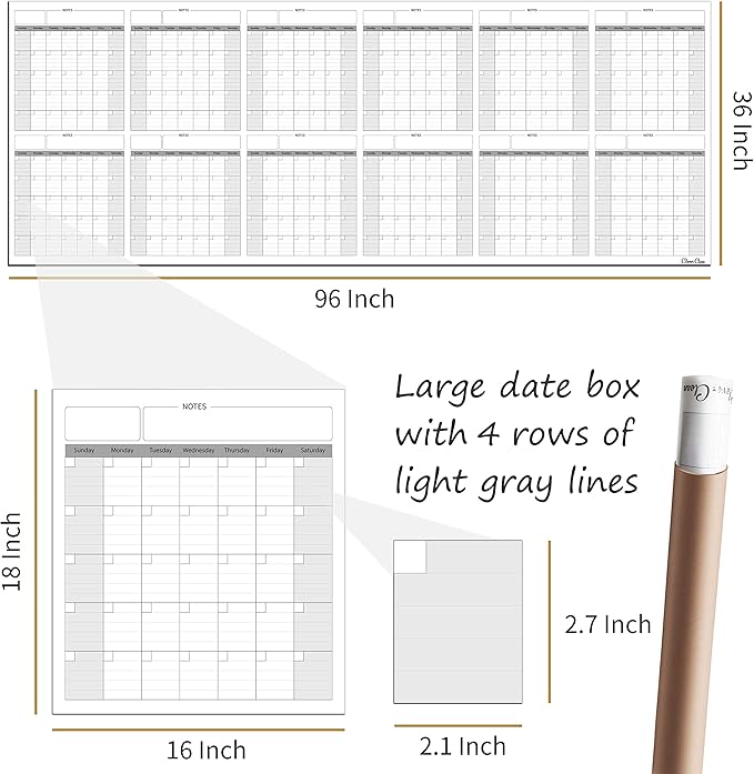 CLEVER CLEAN Large Dry Erase Wall Calendar - 36"x96" 12-month 2026 Undated Yearly Calendar for Home, Office, School Projects - Jumbo Reusable Laminated Task Organizer