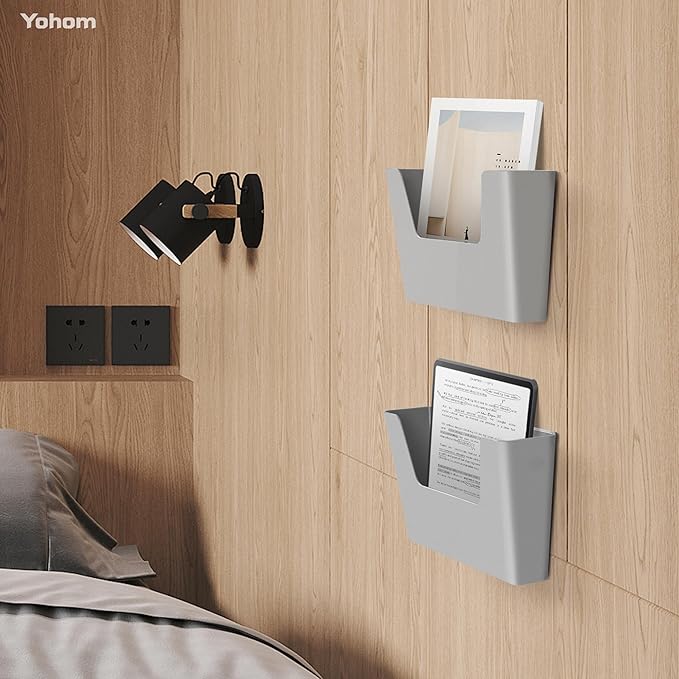 YOHOM No Drilling File Holder Wall Mails Magazines Organizer Adhesive Door Mount, Single Pocket, (White 1) (GREY, 3 PCS)