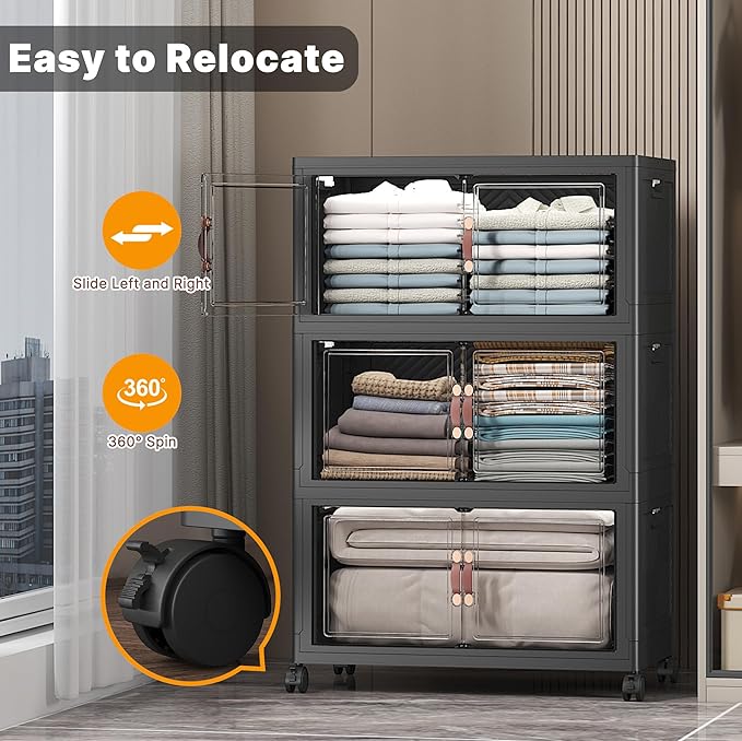 UAMFURI Extra Large Stackable Storage Bins with Lids & Wheels & Door, 672QT-112QT/28GAL*6Pack Foldable Collapsible Closet Organizers, Plastic containers drawers for bedroom Dorm