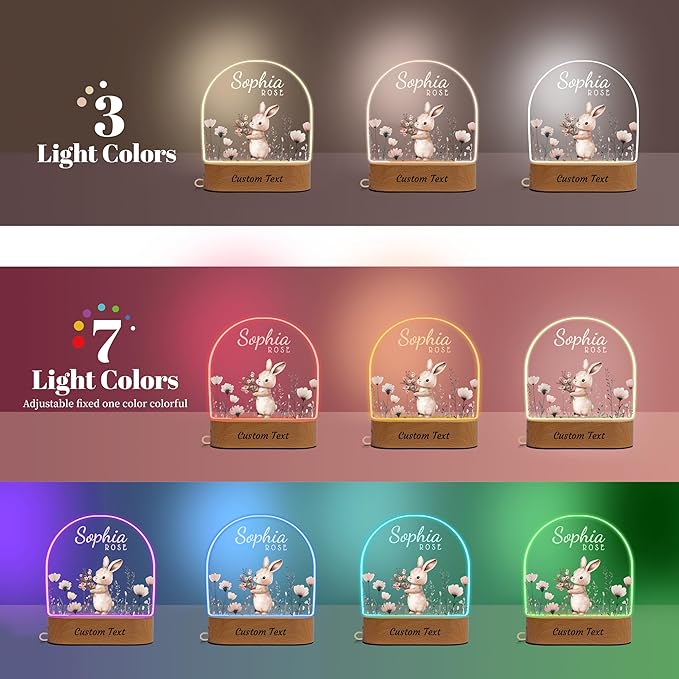 7GEEFT Personalized Baby Gifts for Kids, Custom Animal Acrylic Plaque Sign Name Night Light, Birthday Newborn Baby Shower Gifts for Boys Girls, Children Nursery Room Bedroom Decor, Flower and Rabbit