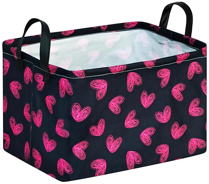 FUULOXE Rectangular Valentines Basket Storage Bin for Shelves Girls Gifts Baskets Foldable Box with Handles for Home Office Car Dormroom Valentine's Day Party Supplies