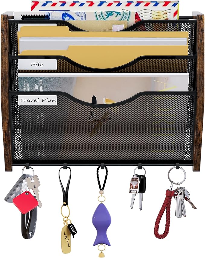 PAG-Mass Wall File Organizer With Hooks,3 Tier Mesh Mail Organizer Wall Mounted,Hanging File Organizer,Magazine Holder for Documents,Magazine,Literature,File,Mails,Envelopes