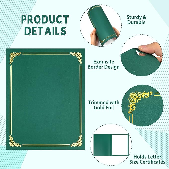 gisgfim 15Pcs Certificate Holders Diploma Covers Single Sided Gold Foil Border Award Certificate Covers for Letter Size 8.5x11 Certificates Cardstock Document Papers Storage Organizer (Green)