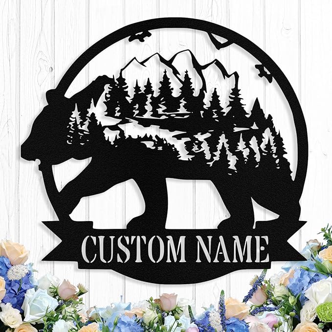 Custom Bear Metal Sign, Custom Bear Metal Wall Art Decor, Personalized Last Name Signs for Home, Rustic Farmhouse Black Wall Decor for Cabin, Bedroom, Living Room, Porch