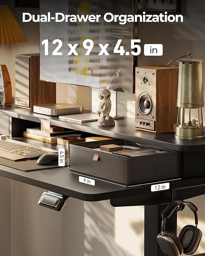 FEZIBO 40 x 24 Inch Height Adjustable Electric Standing Desk with Double Drawer, Stand up Home Office Computer Desk with 4 Height-Adjustable Feets & 2 Hooks, Black